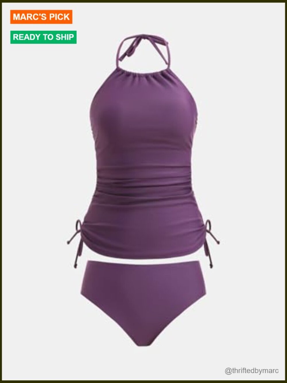 Women's Tankini Set High Neck Halter Top Adjustable Drawstrings Mid Rise Bottoms - Picture 5 of 7